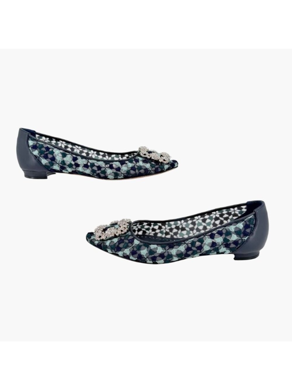 Manolo Blahnik Hangisi Ballet Flats Blue Lace Size 37.5 US 7.5 Crystal Pointed - Picture 8 of 15